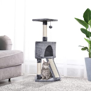 PawHut Cats 3-Tier Sisal Rope Scratching Post w/ Dangle Toy Grey