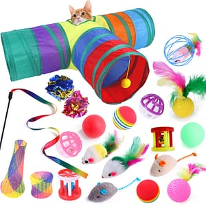 21-piece Pet Tee Tunnels Toy Combination Set Cat Teaser Stick Rainbow Tunnel Interactive Feather Toy, Fluffy Mouse, Rainbow Ball, Cat Bell Ball,