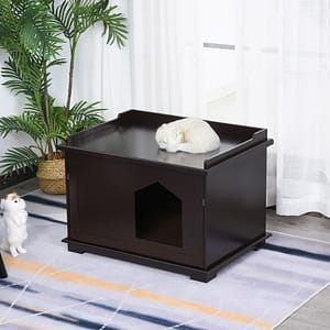 PawHut Wooden Cat Litter Box Covered Mess Free End Table Hideaway Storage Cabinet, Brown