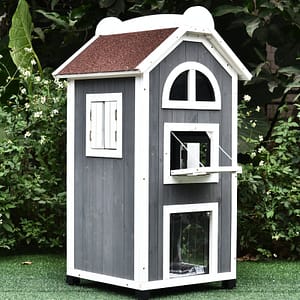 PawHut Solid Wood Cat House Condos Water Proof 2-Floor Pet Shelter Outdoor Furniture with Escape Door and Inside Stairs, Grey and White