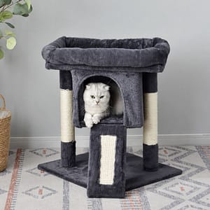 Cat Tree, Small Cat Condo with Padded Perch, Basket, Cat Activity Center with Large Scratching Board, Cat Cave
